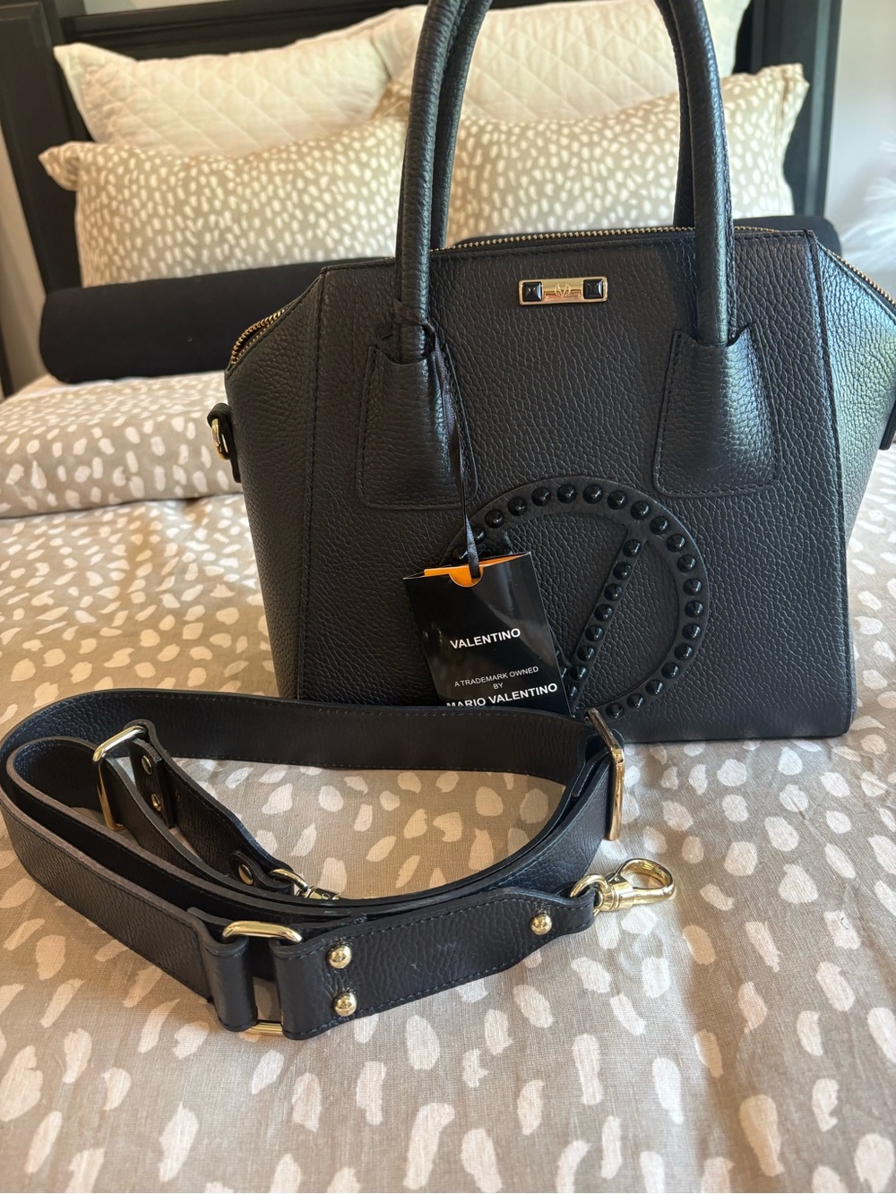 Mario Valentino Black Genuine Leather Studded Logo Satchel Handbag